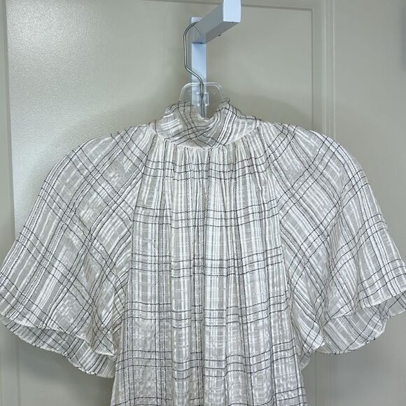 REBECCA TAYLOR - “Jules” Plaid Short-Sleeve Silk Blouse - Size 6, White, Black - Picture 9 of 17